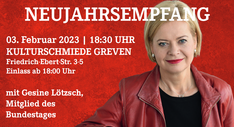 Neujahrsempfang am 03.02.2023 mit Gesine Lötzsch, Mitglied des Bundestages, Kulturschmiede Greven, Friedrich-Ebert-Str. 3-5, Einlass ab 18:00 Uhr, Beginn 18:30 Uhr