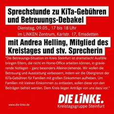 Sprechstunde zu KiTa-Gebühren und Betreuungs-Debakel mit Kreistagsmitglied und stv. Gruppensprecherin Andrea Helling - Dienstag, 09.05.2023, 17 bis 18 Uhr im LINKEN Zentrum, Karlstr. 17, 48282 Emsdetten